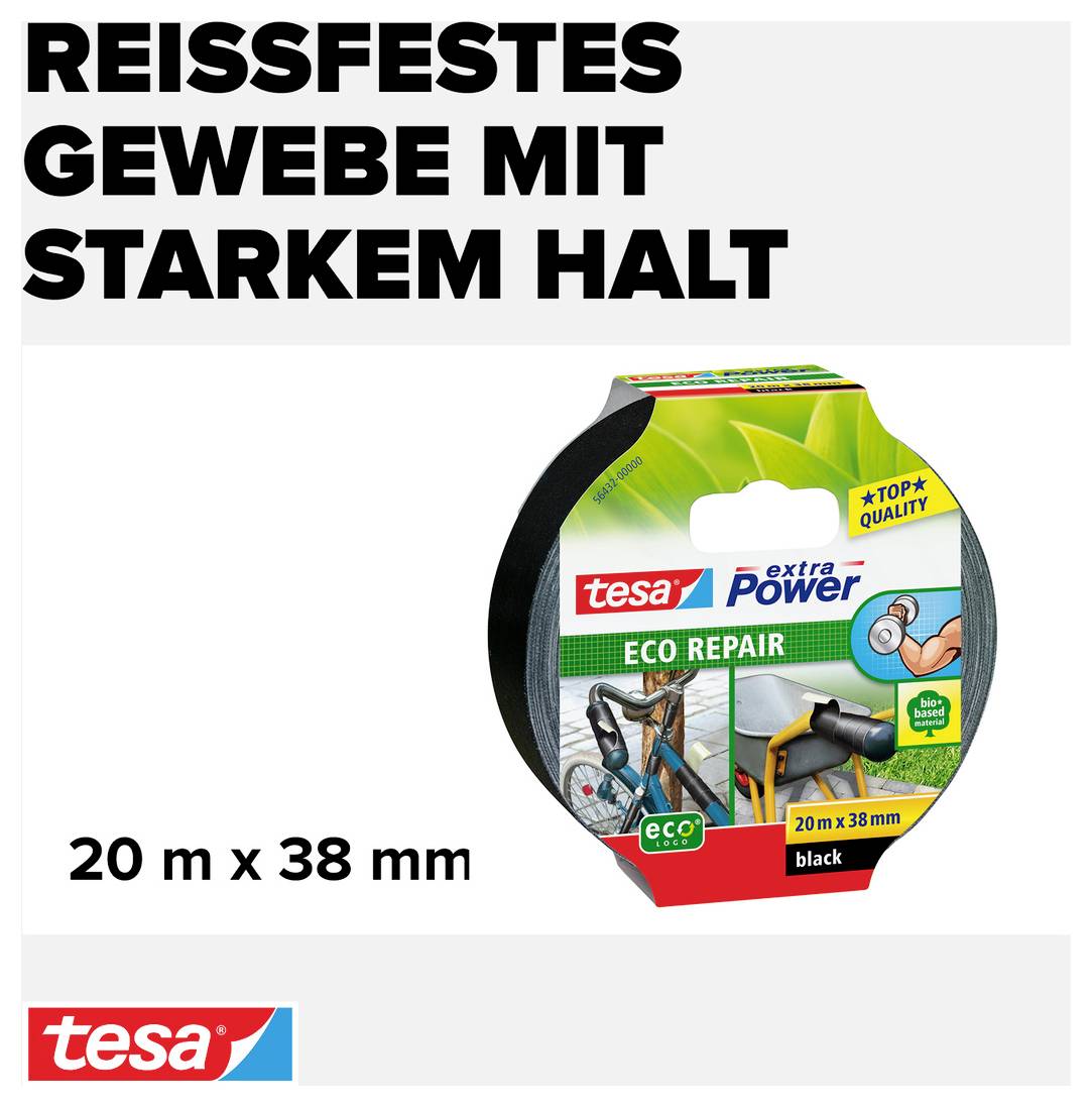 'Packung Tesa Eco Repair schwarzes Gewebeband 20 m x 38 mm. Stark haftend, reißfest, ideal zur Reparatur und Abdichtung.'