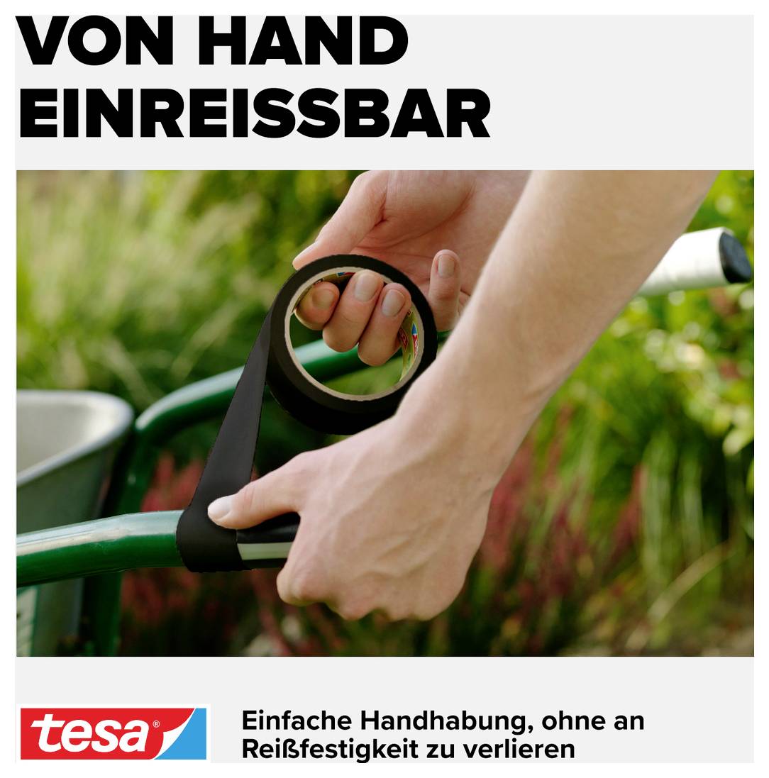 Person reißt schwarzes Klebeband von Hand ab, während es an einem grünen Griff befestigt wird. Text: 'Von Hand einreißbar'.