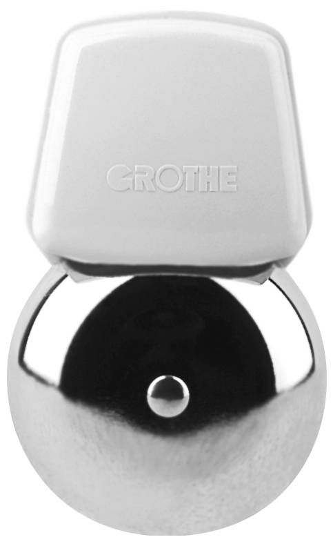 Weißer GROHE-Markierungsarmaturengriff mit einer chromfarbenen kugelförmigen Basis auf weißem Hintergrund.