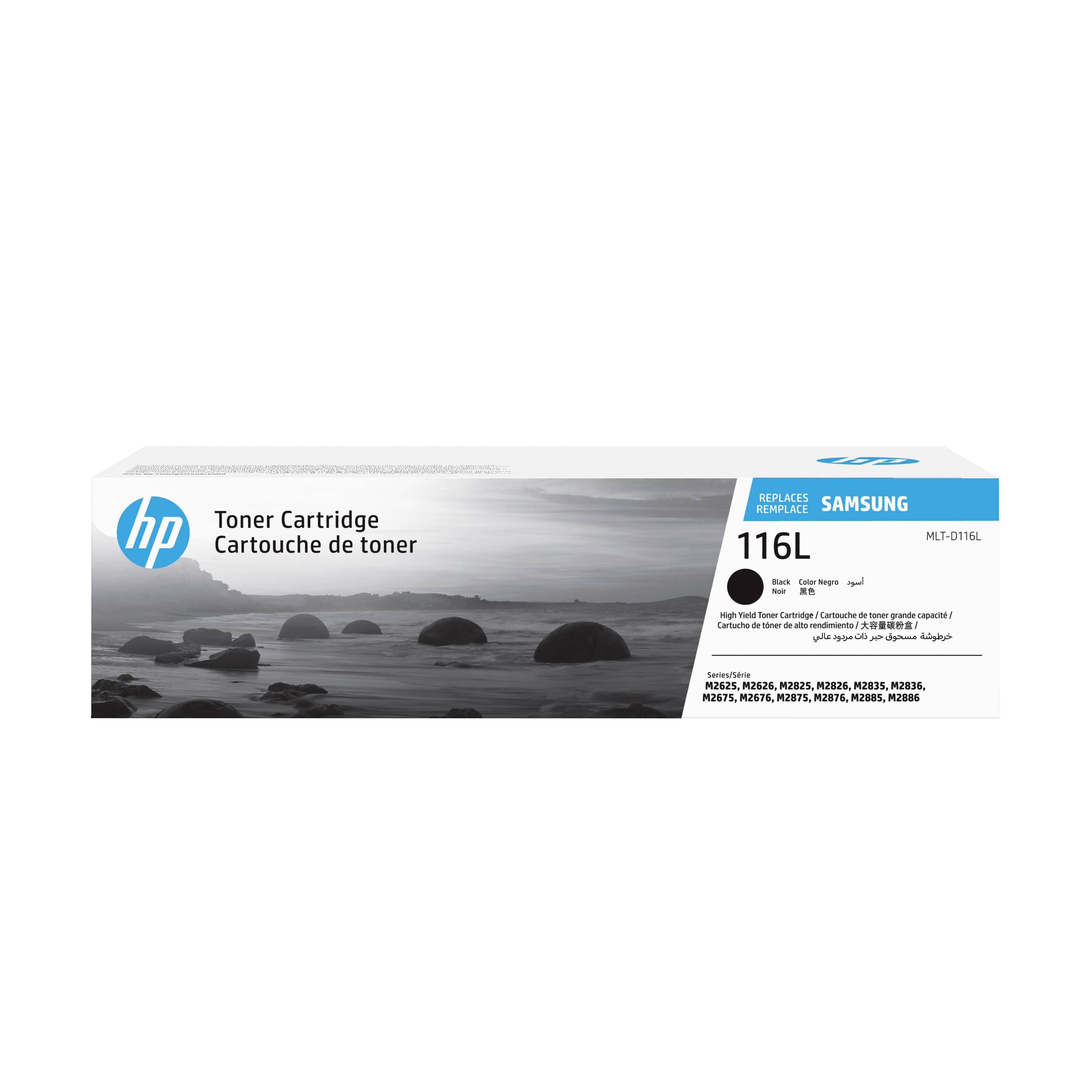 HP Tonerpatrone für Samsung 116L, schwarzer Toner, wie auf der Produktverpackung dargestellt.