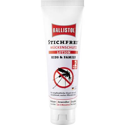 Eine Tube 'Stichfrei' Mückenschutz-Lotion für Kinder und Familie, geeignet ab 2 Monaten, für empfindliche Haut, zieht schnell ein.