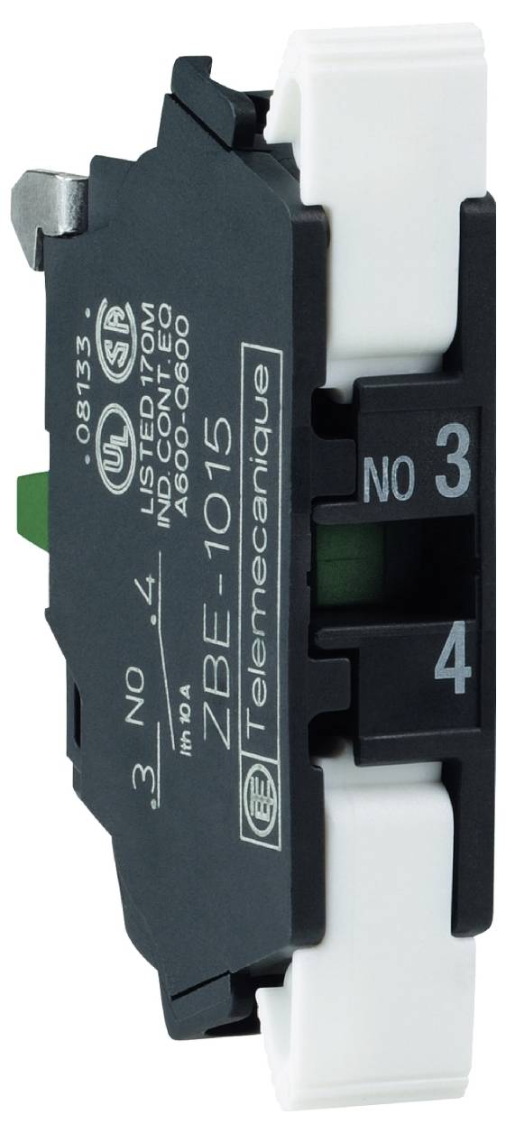 Nahaufnahme eines schwarz-weißen elektrischen Klemmblocks mit der Beschriftung „Telemecanique" und „Nr. 3", mit Seitenkennzeichnungen und nummerierten Einstellungen 3 und 4.