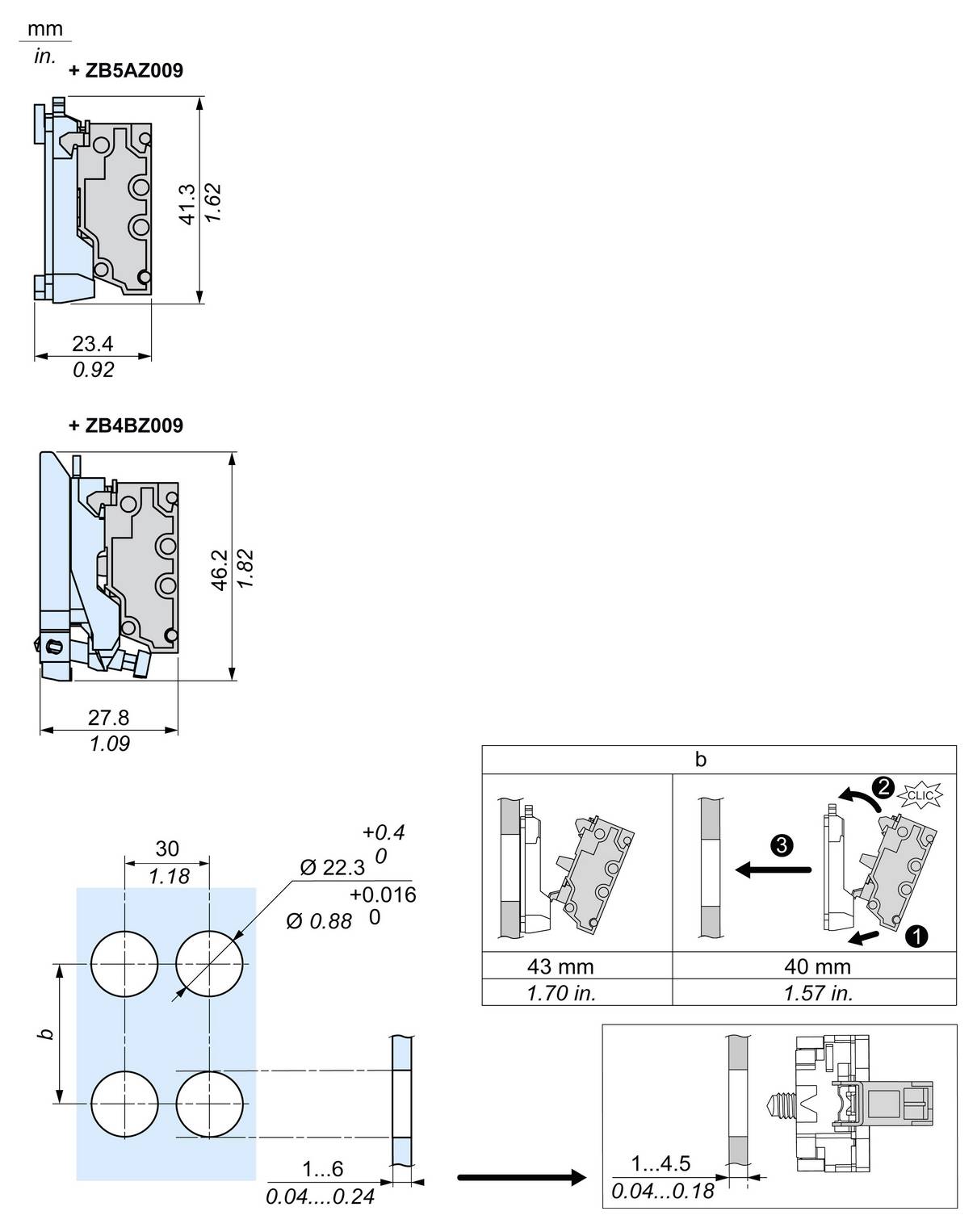 Technisches Montage-Diagramm mit zwei Profilquerschnitten mit Bezeichnung ZB5AZ009 und ZB4BZ009 mit Abmessungen in Zoll und Millimetern, sowie Loch-Layout und Montage-/Detailansichten.