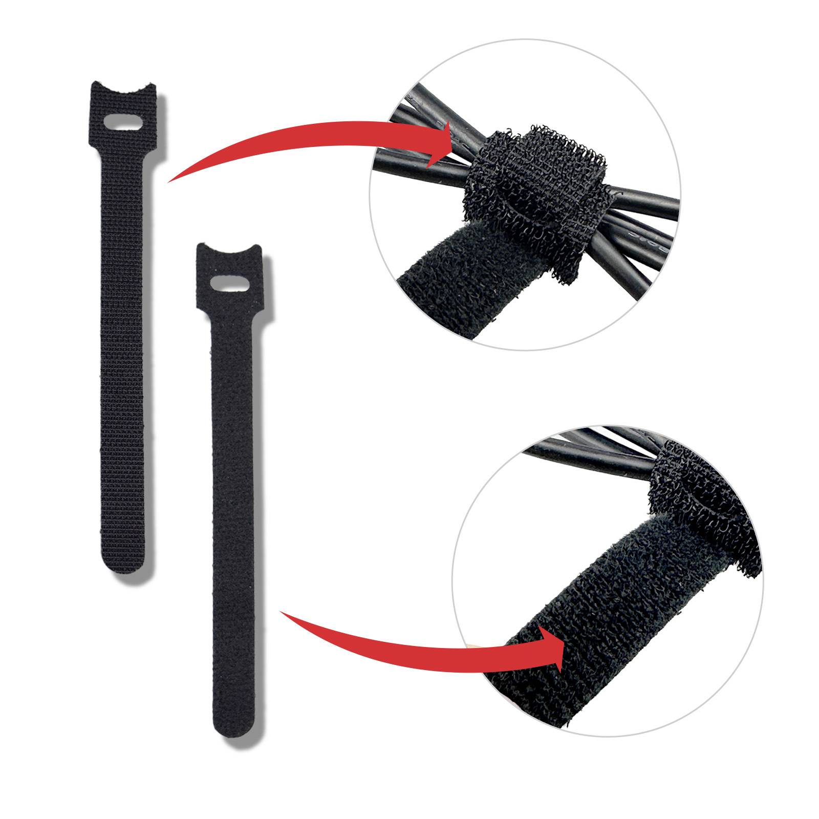 Schwarze Kabelbinder, die zum Organisieren von Kabeln verwendet werden, dargestellt vor und nach dem Umwickeln mehrerer Kabel mit einem roten Pfeil, der die Verwendung zeigt.