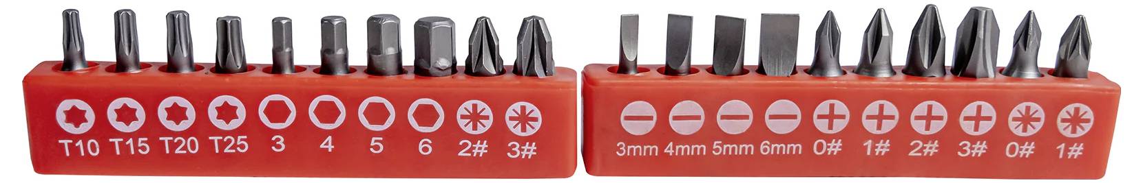 Rotes Bit-Set mit verschiedenen Schraubaufsätzen, darunter Torx, Kreuzschlitz und Schlitzsorten. Größen und Formen sind aufgedruckt.