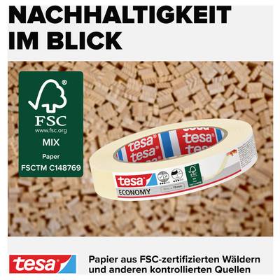 Klebestreifenrolle auf Holzhintergrund. Text: 'Nachhaltigkeit im Blick'. Logo: FSC-zertifiziert, stehende Quelle angegeben.