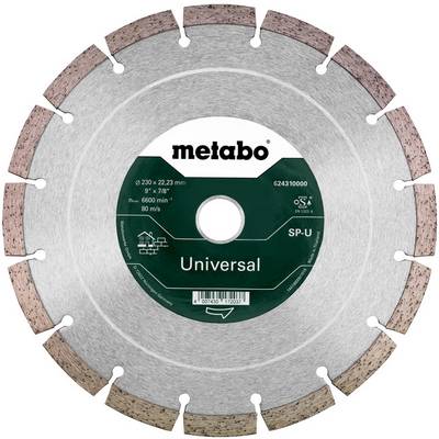 Metabo universelle Diamanttrennscheibe mit Segmentbelag und Mitteletikett, Vorderansicht auf weißem Hintergrund.