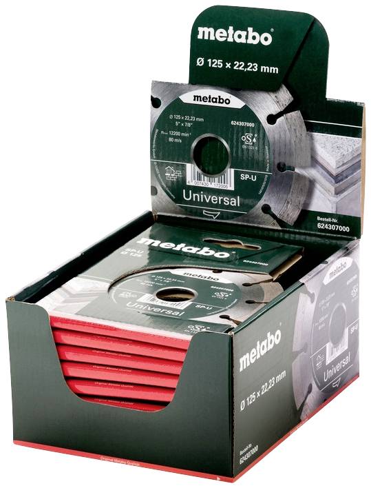 Eine Schachtel mit Metabo Universal Trennscheiben, Durchmesser 125 mm, mit mehreren einzeln verpackten Scheiben gestapelt in einem Karton.