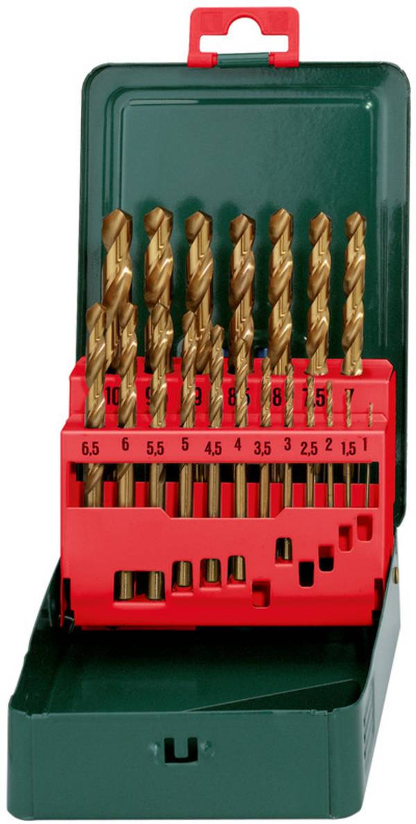 Metabo 627156000  HSS Metall-Spiralbohrer-Set 19teilig 1 mm, 1.5 mm, 2 mm, 2.5 mm, 3 mm, 3.5 mm, 4 mm, 4.5 mm, 5 mm, 5.5 mm, 6 mm, 6.5 mm, 7 mm, 7.5 mm, 8 mm, 8.5 mm, 9 mm, 9.5 mm, 10 mm  TiN DIN 338 Zylinderschaft 1 Set