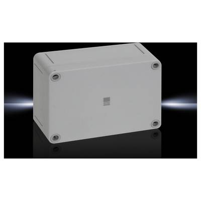 Graue rechteckige elektrische Anschlussdose mit Schrauben an den Ecken vor einem dunklen Hintergrund.