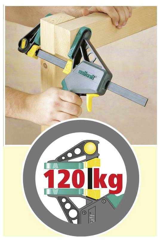 Eine Hand verwendet eine Klemme, um zwei Holzbalken miteinander zu befestigen. Unterhalb der Abbildung der Klemme ist ihre Haltekapazität von '120 kg' angegeben.