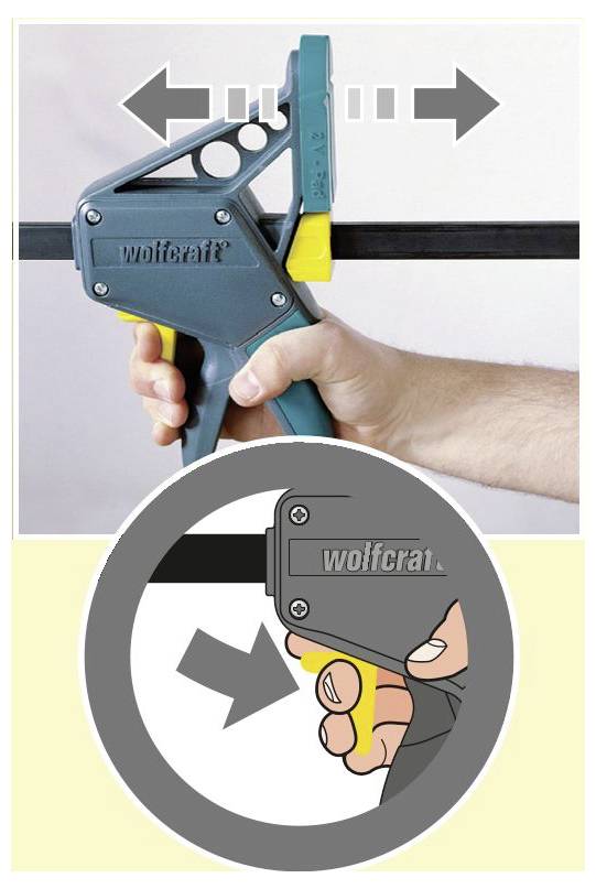 Eine Hand, die eine 'wolfcraft' Schraubzwinge hält und die Richtung zum Anziehen oder Lösen anzeigt. Darunter ein Diagramm, das die Fingerplatzierung für die Bedienung zeigt.