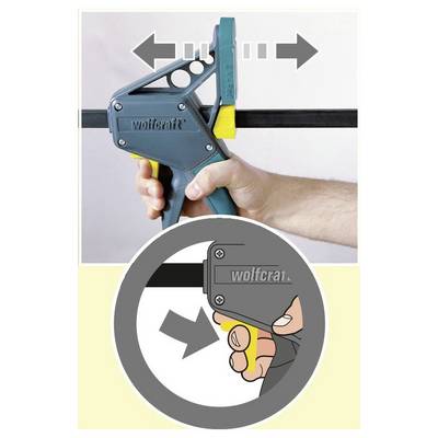 Eine Hand, die eine 'wolfcraft' Schraubzwinge hält und die Richtung zum Anziehen oder Lösen anzeigt. Darunter ein Diagramm, das die Fingerplatzierung für die Bedienung zeigt.