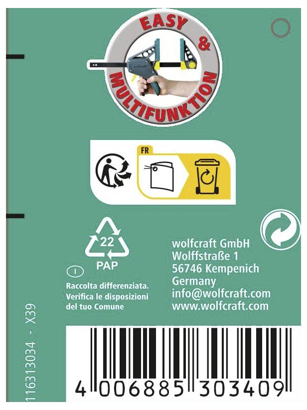 'Easy Multifunktion' Etikett mit einem Bild eines Multifunktionswerkzeugs, Recycling-Symbolen und Kontaktinformationen für die Wolfcraft GmbH in Deutschland.