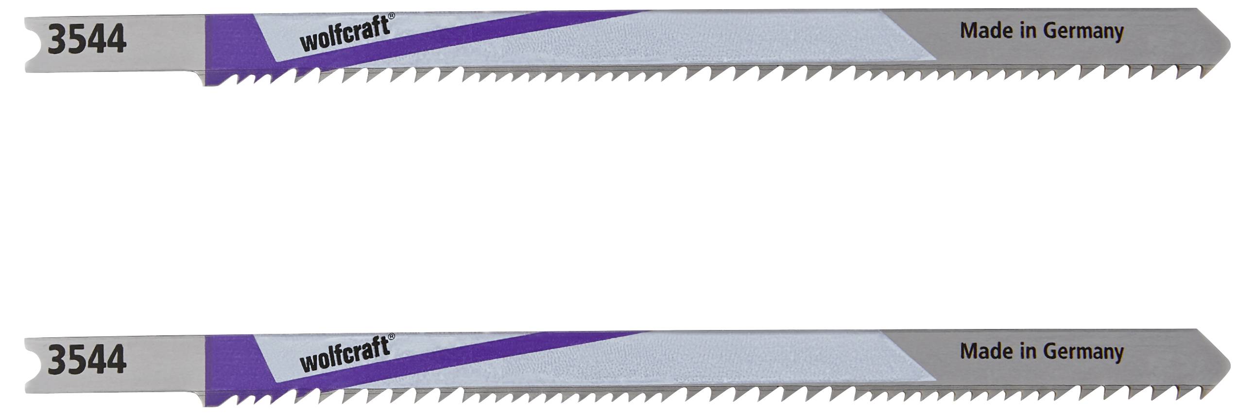 'Zwei Metallsägeblätter der Marke Wolfcraft mit der Aufschrift "Made in Germany" und der Modellnummer 3544, mit gezackten Klingen.'