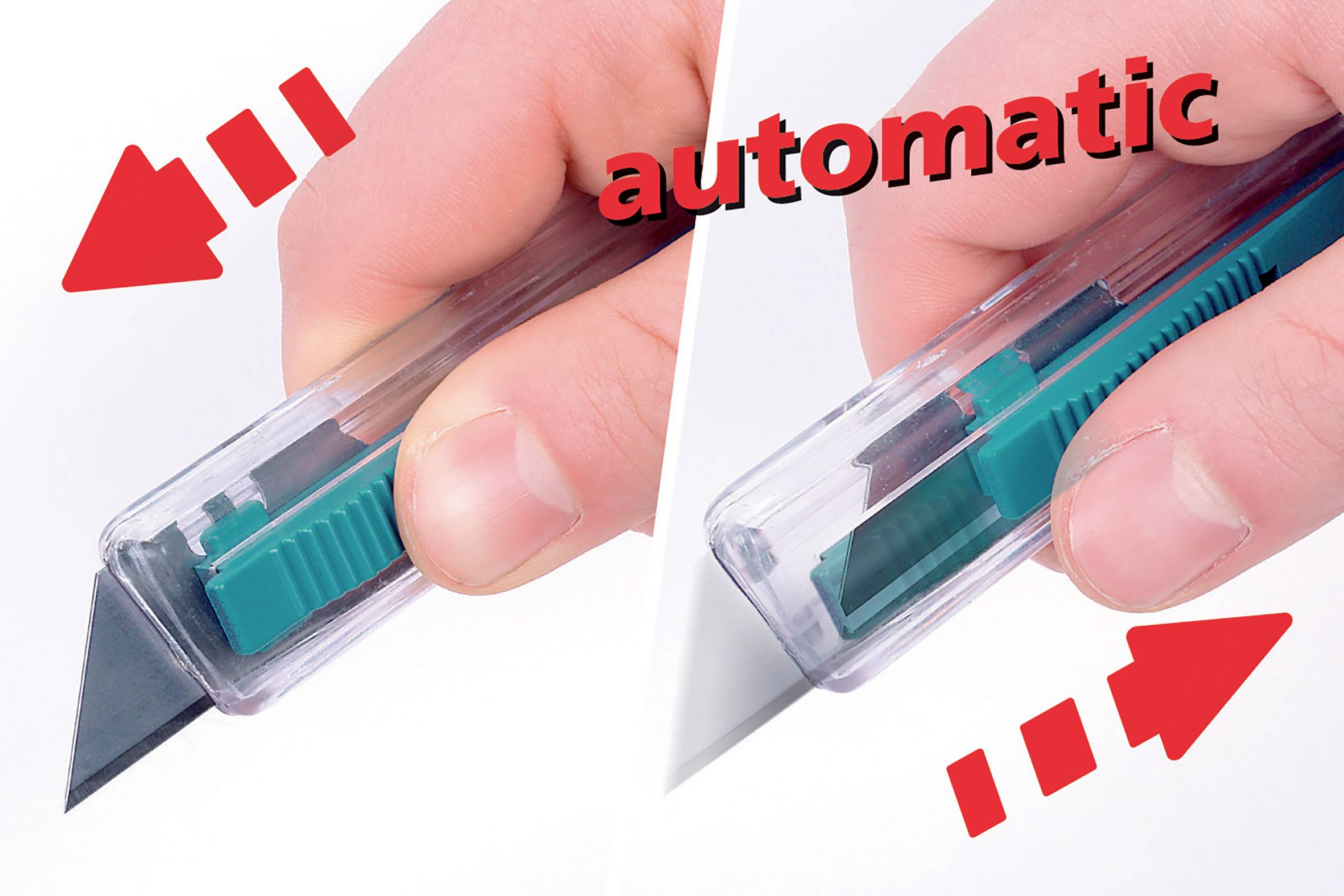 Person hält einen Cutter mit grünem Schieber. Links zeigt die Klinge mit Pfeil nach außen, rechts eingezogen mit Schriftzug 'automatic'.