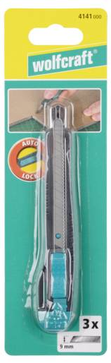 Wolfcraft Universalmesser, verpackt, mit der Beschriftung "Auto Lock 3x", zeigt eine einziehbare Metallklinge mit schwarzem Griff und türkisfarbenen Akzenten.