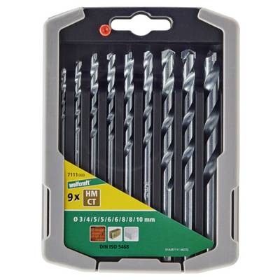 Bohrer-Set mit neun verschieden großen Steinbohrern, geeignet für Beton, Mauerwerk, Fliesen; verpackt in einer grauen Kunststoffbox.