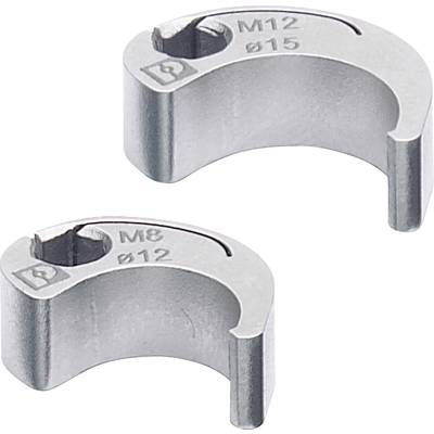 Zwei metallische Halbkreise, einer beschriftet mit 'M12 ø15', der andere mit 'M8 ø12'. Sie sind für die Befestigung oder Ausrichtung von Objekten gedacht.