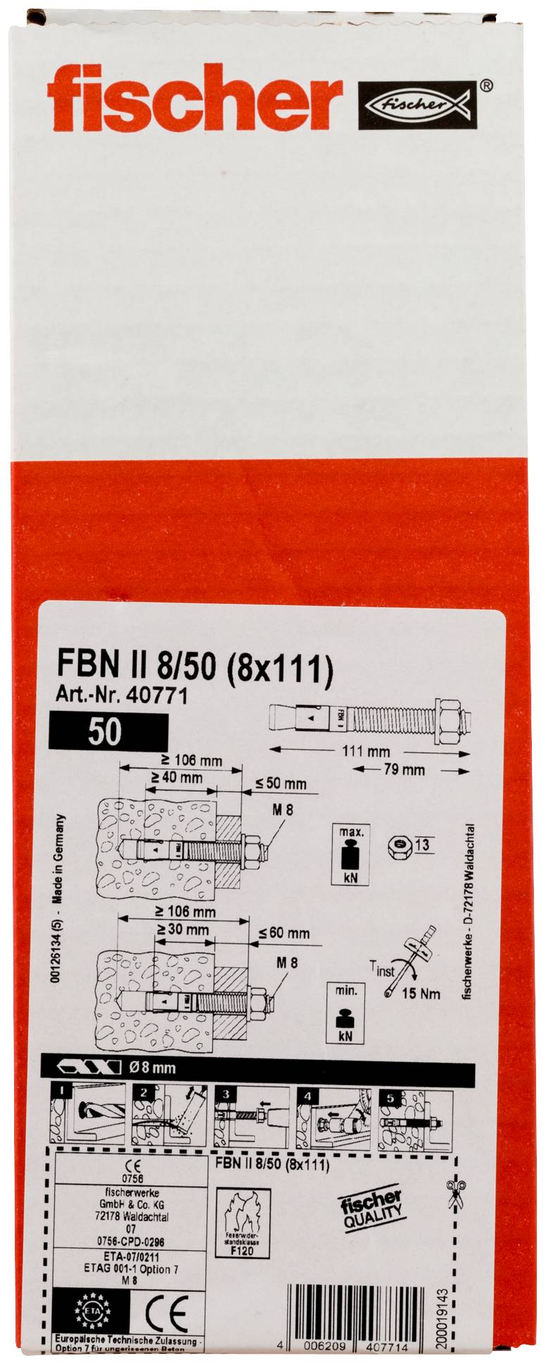 Fischer FBN II 8/50 Anker Verpackung mit Produktetikett, Artikelnummer 40771, technische Diagramme, Abmessungen und CE-Kennzeichnungen.