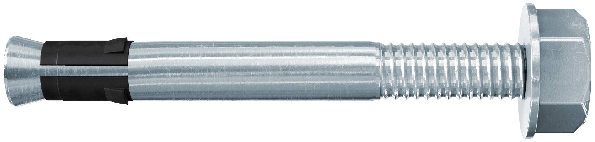 Ein Metallsechskantschraube oder Ankerschraube mit einem Gewinde am Ende und glatter Schaftfläche, dargestellt auf weißem Hintergrund.