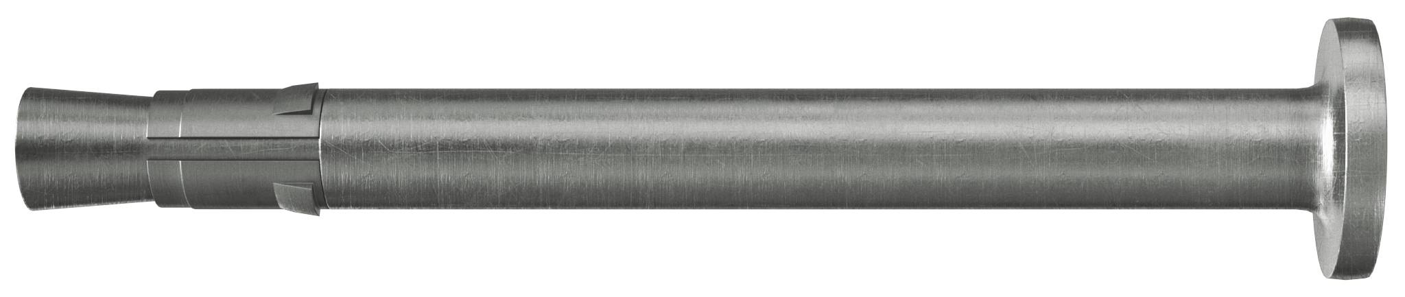 Eine Silbermetall-Zylinderstange mit einem breiteren Flanschende und einer konischen, geschlitzten Spitze.