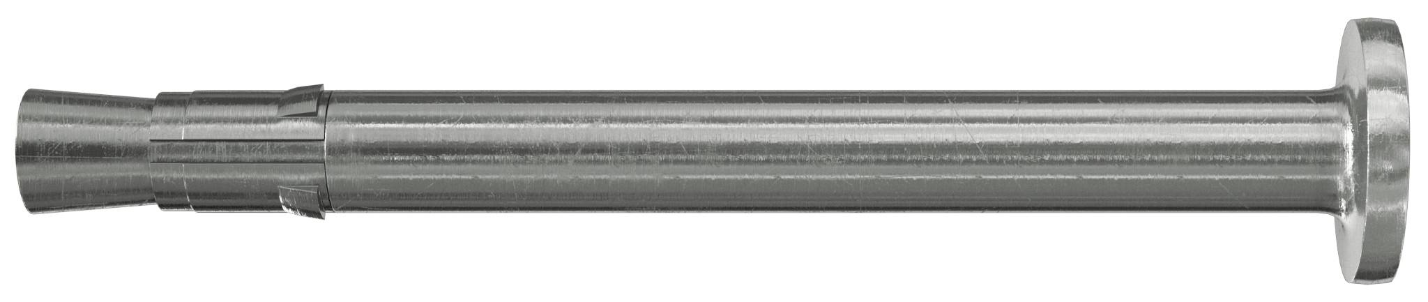 Metallischer zylindrischer Stab oder Rohr mit ausgestelltem Ende und breiterem Rand, horizontal auf weißem Hintergrund dargestellt.