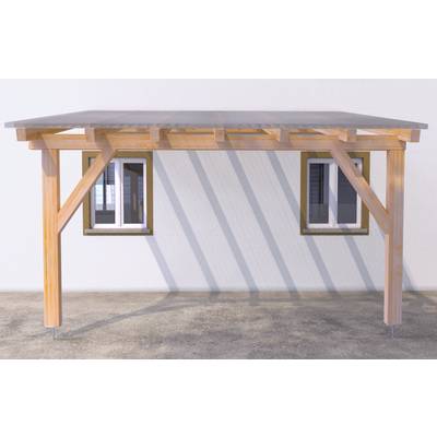 Holzpergola oder Veranda mit flachem Dach und zwei Stützpfosten, die gestreifte Schatten auf eine weiße Wand werfen, über einem Betonboden.