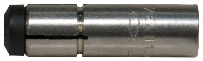 Metallische zylindrische Taschenlampen-Batterie mit einer schwarzen Kappe an einem Ende, horizontal auf weißem Hintergrund dargestellt.