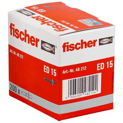 Eine rot-weiße Fischer ED 15 Packung Dübel/Anker für die Wand, gekennzeichnet mit „fischer" und „200 x", mit Barcode und Artikelnummer Art.-Nr. 48 212.