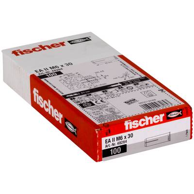 Eine Schachtel Fischer EA II M6 x 30 Metallankerschrauben, gekennzeichnet mit Produktdetails und einer Packungsgröße von 100 Stück.