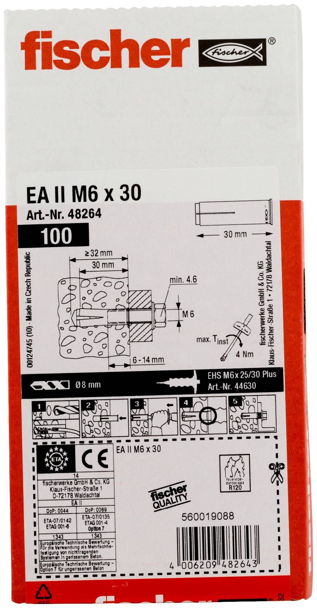 Paket Fischer EA II M6 x 30 Befestigungsdübel für Mauerwerk, 100er Pack, mit Produktdiagramm und Spezifikationen auf dem Etikett.