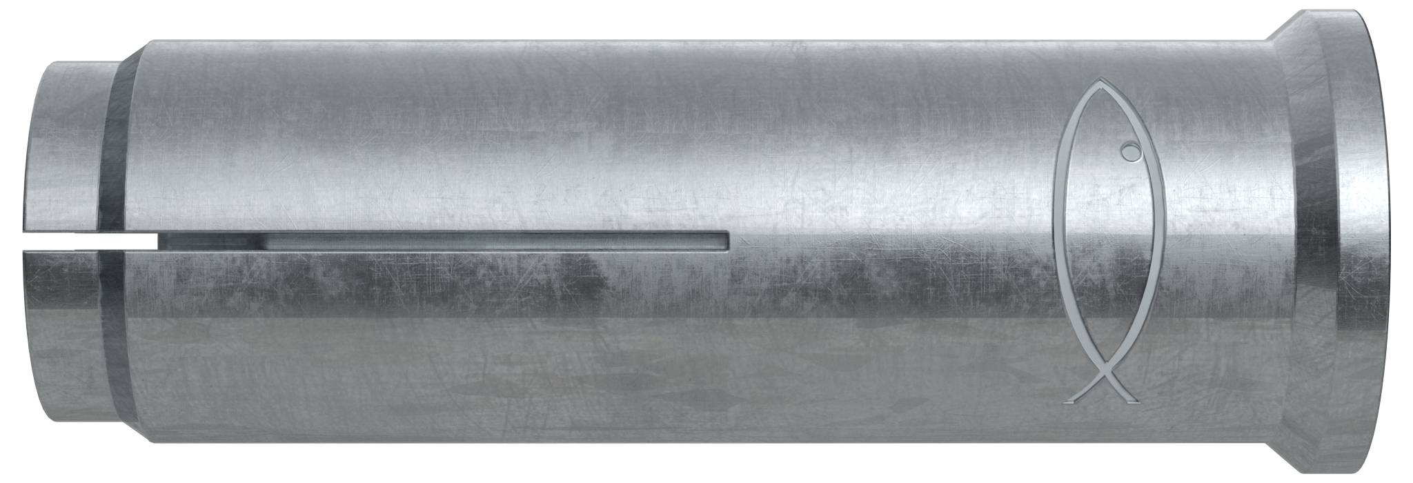 Silbernes zylindrisches Metall-Fischerköder mit Spaltring und Fischlogo auf der Seite