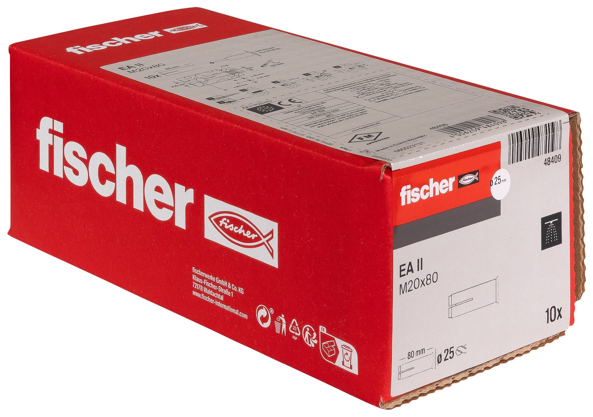 Rote Fischer-Box mit EA II M20x80 Dübeln, beschriftet mit „10x" und „0,25", auf weißem Hintergrund gezeigt.