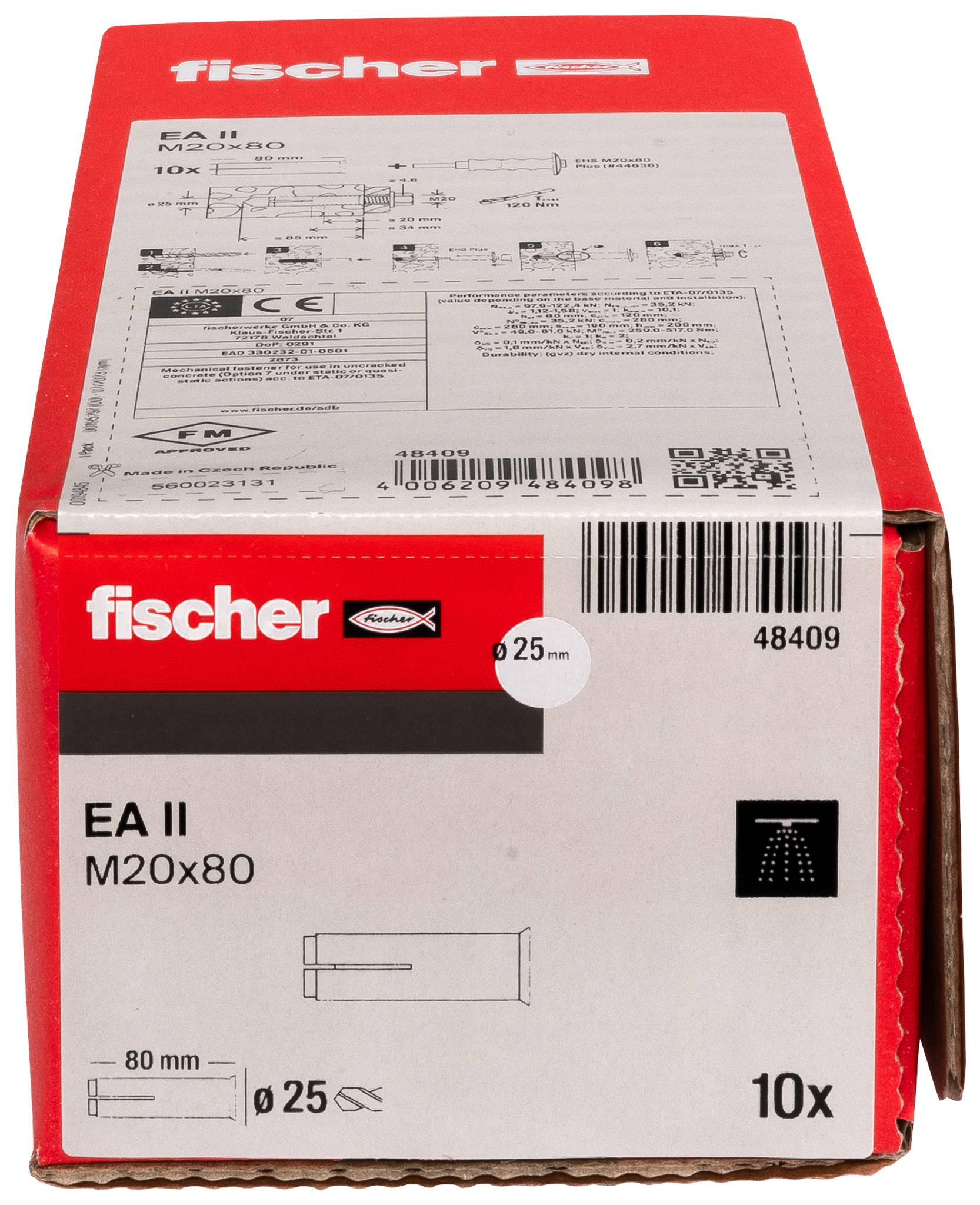 Foto einer Fischer-Box für EA II M20x80 Anker, mit 10x beschriftet, mit Größe und Barcode auf der Vorderseite.