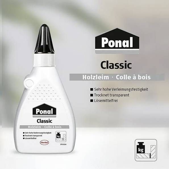 Holzleim 'Ponal Classic' Flasche mit schwarzem Deckel. Text auf Deutsch und Französisch listet Eigenschaften auf: hohe Haftkraft, transparent trocknend, lösungsmittelfrei.