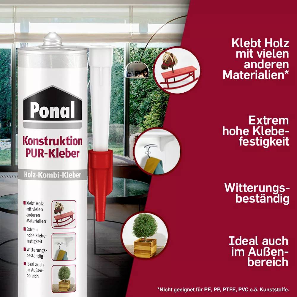Eine Tube Ponal PU-Kleber vor einem Fenster. Text: 'Klebt Holz mit vielen anderen Materialien', 'Extrem hohe Klebefestigkeit', 'Witterungsbeständig', 'Ideal auch im Außenbereich'.