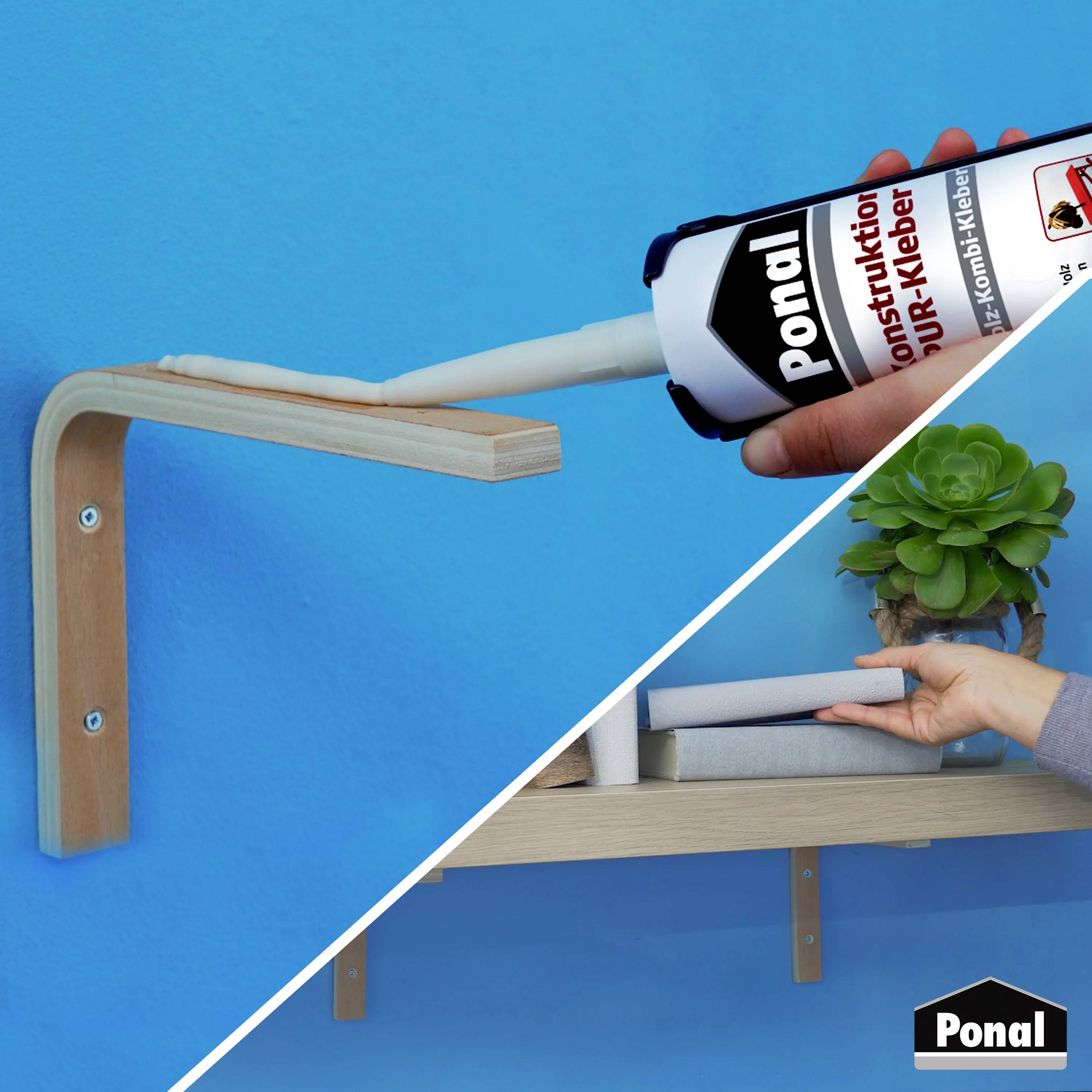 'Ein Regalbrett wird mit Holzleim auf einer Halterung befestigt; daneben ein Regal mit Pflanze und Buch als fertiges Ergebnis.'