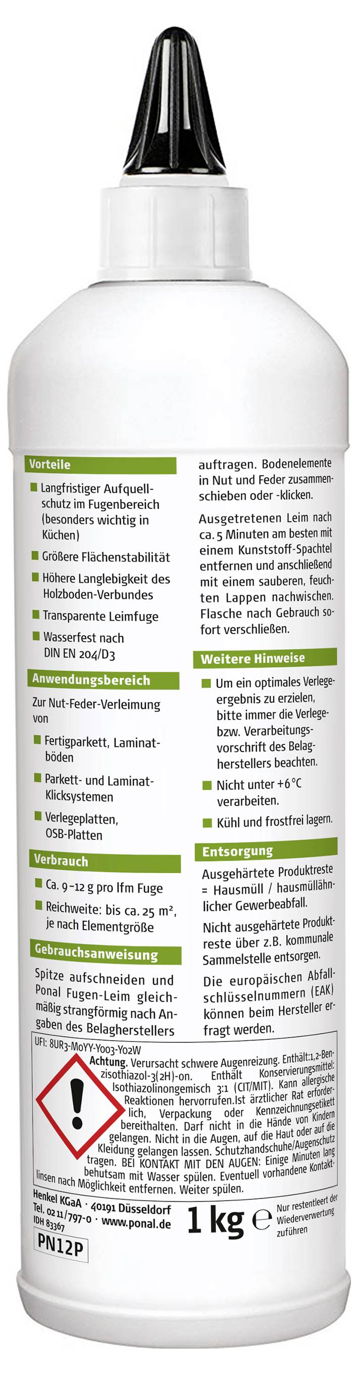 Eine weiße Flasche mit einem schwarzen Deckel enthält Flüssigdünger. Die Etiketten zeigen Gebrauchsanweisungen, Sicherheitswarnungen und ein Gefahrensymbol.