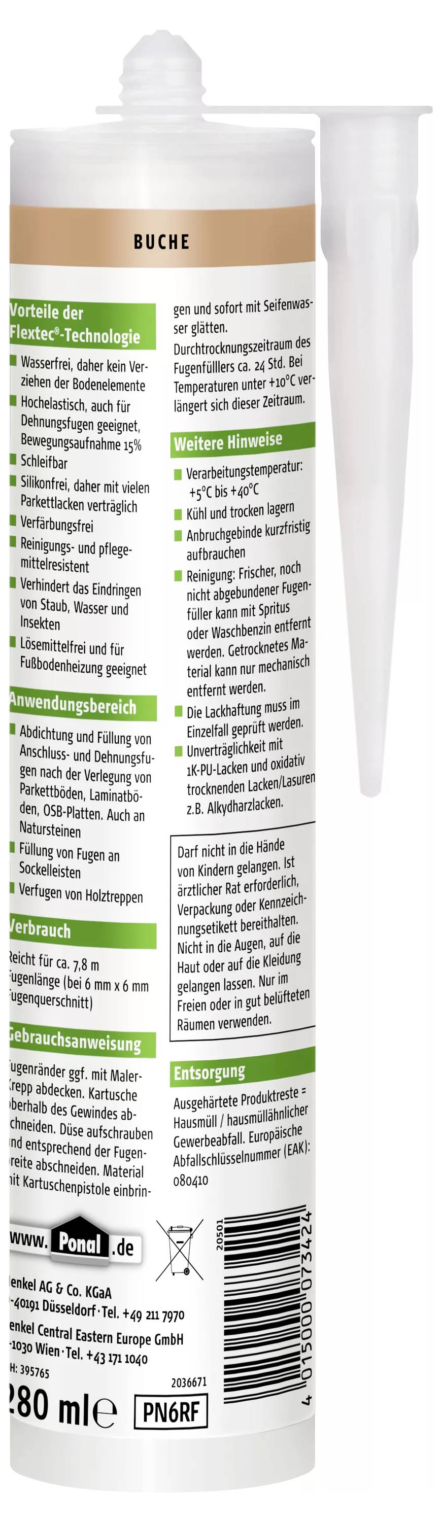 Eine Kartusche mit weißer Düse, beschriftet mit Anwendungshinweisen und Eigenschaften eines Holzpflegeprodukts. Hauptfarbe: Weiß.