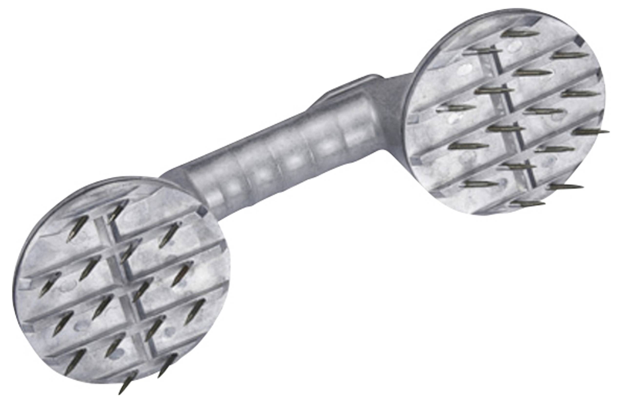 Ein Teichdurchstecher aus Metall mit zwei gezackten Rädern, die an einem Griff befestigt sind, zum gleichmäßigen Durchstechen von Teig, der häufig beim Backen verwendet wird, um Luftblasen zu verhindern.