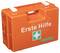 Eine orangefarbene Erste-Hilfe-Tasche mit der Beschriftung 'Erste Hilfe' und einem weißen Kreuz-Symbol, die medizinische Notfallausrüstung im Inneren kennzeichnet.