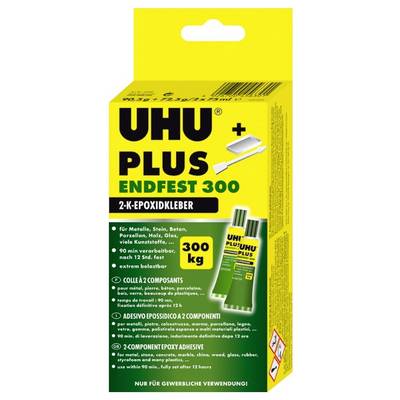 'Kartonverpackung von UHU Plus Endfest 300, einem 2-Komponenten Epoxidkleber. Belastbar bis 300 kg, geeignet für Metalle und Kunststoffe.'