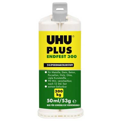 'Kraftvoller 2-Komponenten-Epoxidharzkleber von UHU, speziell für Metalle, Beton und Holz. Belastbar bis 300 kg, 50 ml oder 53 g.'