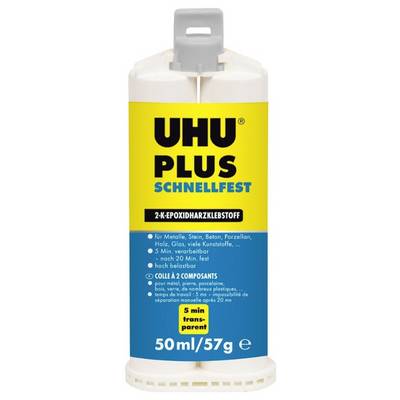 Eine Tube 'UHU Plus Schnellfest' 2K-Epoxidharzkleber, 50 ml/57 g, für Metall, Stein, Beton, poröse Oberflächen, transparent in 5 Minuten.