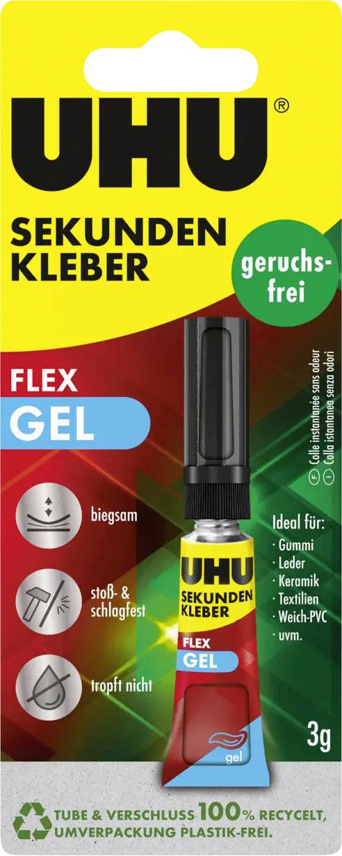 UHU Sekundenkleber FLEX GEL Tubenflasche, gekennzeichnet mit „geruchsfrei", „flex gel", 3g, „100% recycelt" und geeignet für verschiedene Materialien.