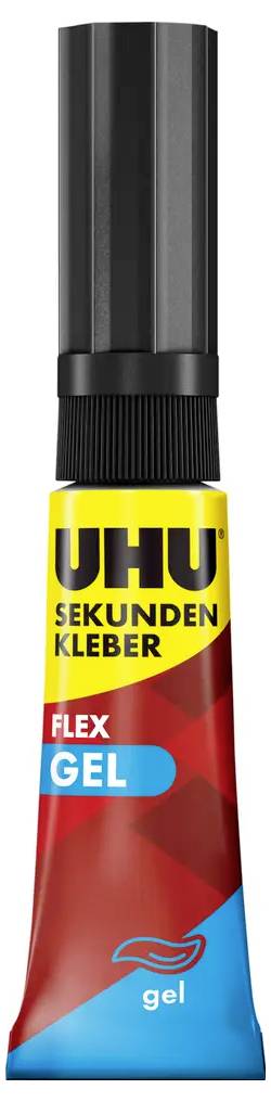 Tube UHU Sekunden Kleber Flex Gel Sekundenkleber mit schwarzem Verschluss und rot, gelb und blau gefärbter Verpackung.