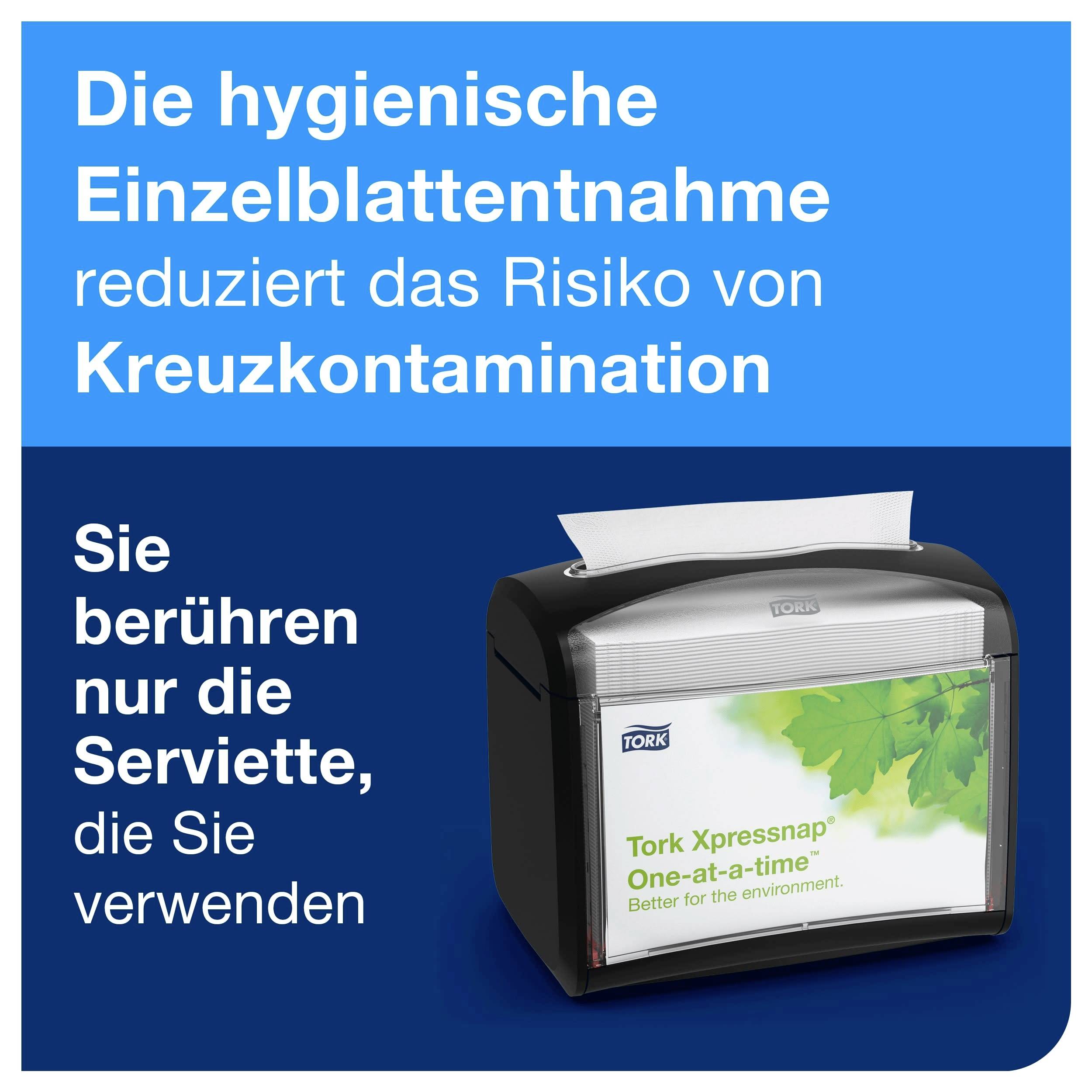Werbegrafik: Hygienische Einzelentnahme reduziert Kreuzkontamination; man berührt nur die Serviette. Rechts ist ein Tork-Serviettenspender abgebildet.<br>