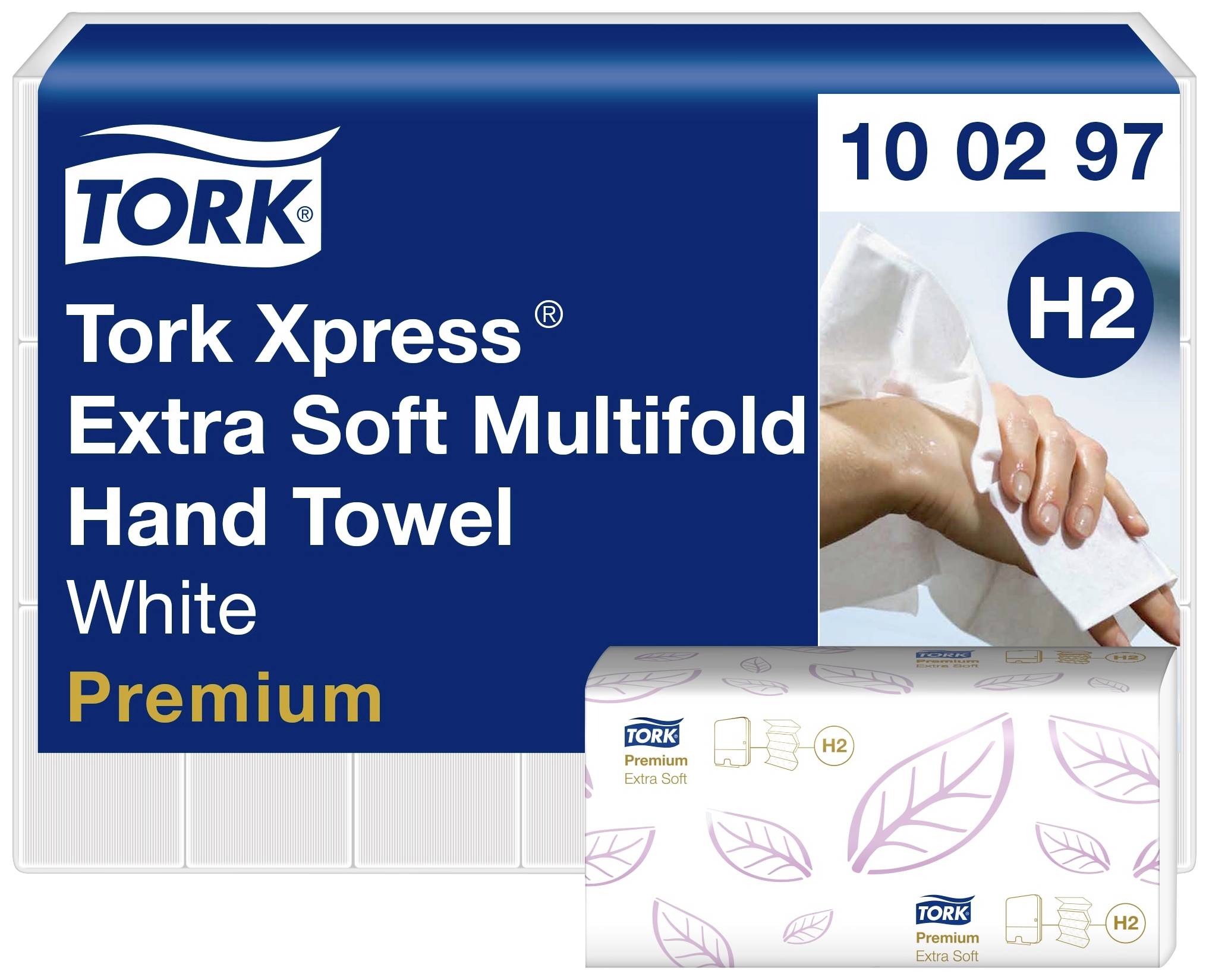 'Tork Xpress Extra Soft Multifold Hand Towel' Verpackung in Weiß und Blau, H2-System, Hände, die ein Handtuch nutzen.