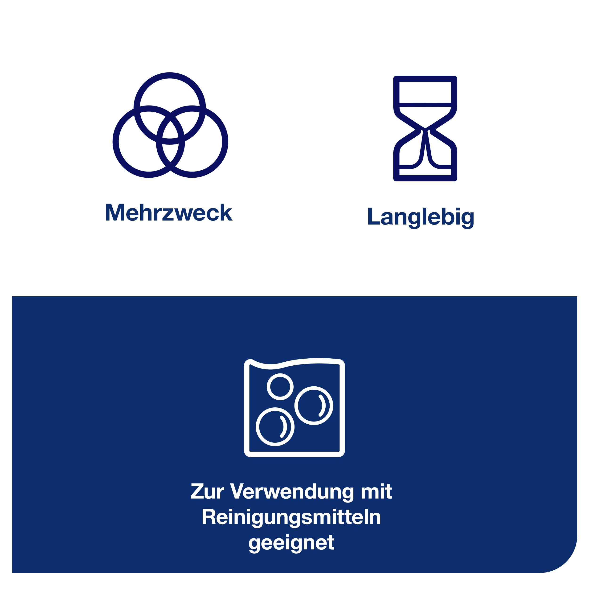 Die Grafik zeigt zwei Symbole: ein Venn-Diagramm mit 'Mehrzweck' und eine Sanduhr mit 'Langlebig'. Unten steht: 'Zur Verwendung mit Reinigungsmitteln geeignet'.
